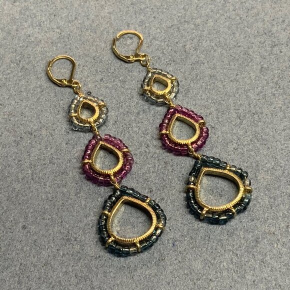 Long Teardrop Drop Earrings 3.5 In Gold Pink Blue Seed Beads Dangle Retro Glam - Picture 2 of 3